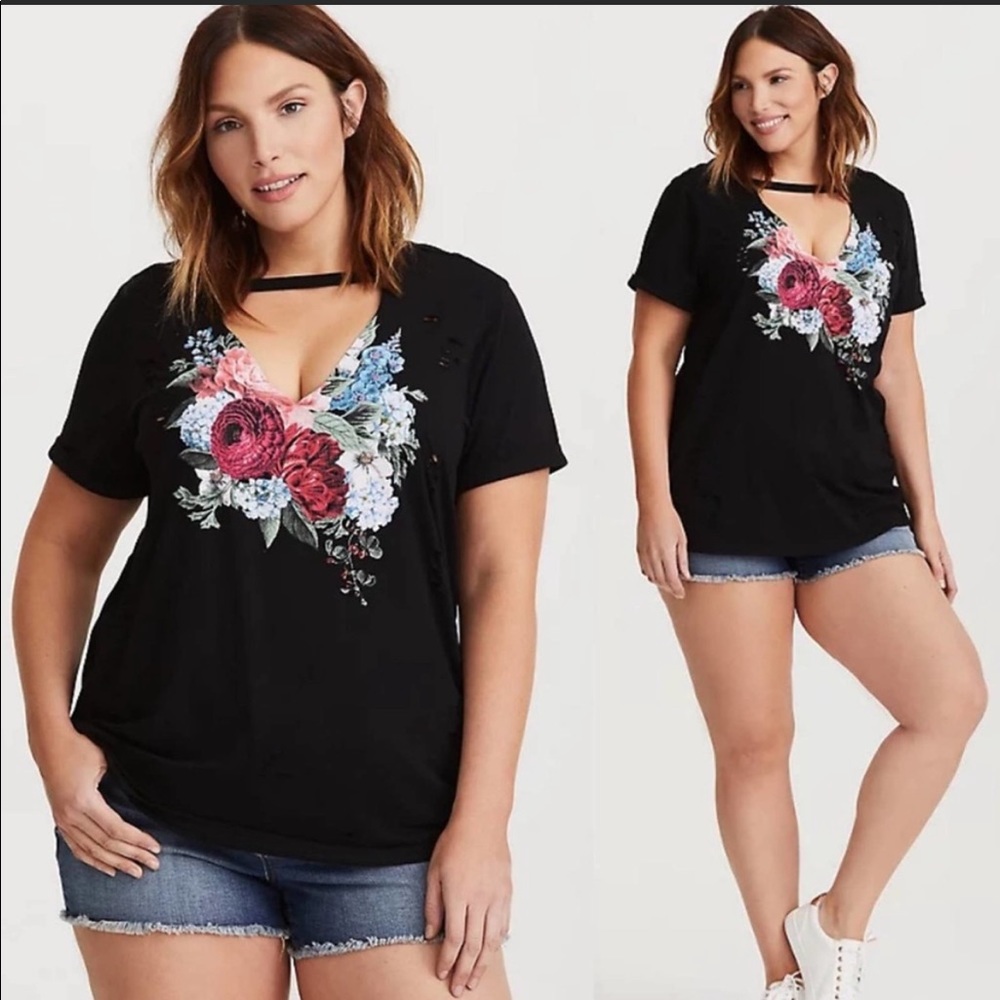 Torrid Black Distressed Floral Choker Tee